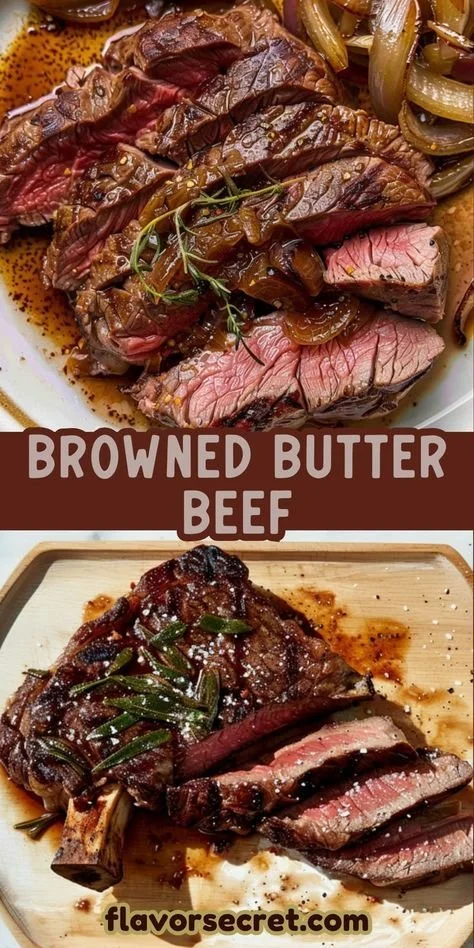 Delicious browned butter beef fry served on a plate with herbs.