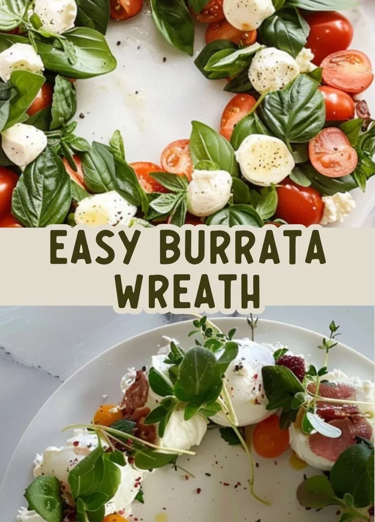 A beautifully arranged burrata wreath with fresh herbs and vegetables