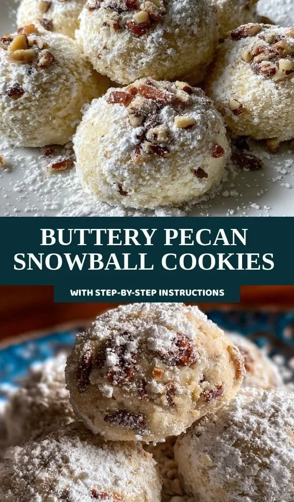 Buttery pecan snowball cookies topped with powdered sugar on a plate