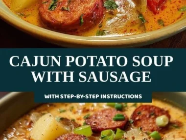 Bowl of Cajun Potato Soup with Sausage garnished with herbs.