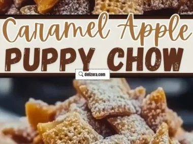 Bowl of Caramel Apple Puppy Chow with apple slices and caramel drizzle