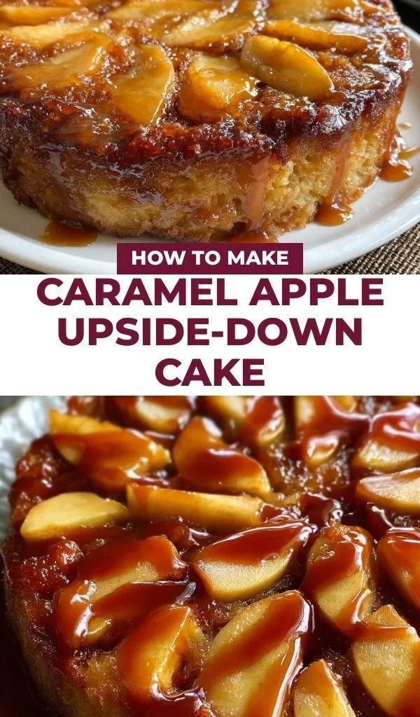 Caramel Apple Upside Down Cake topped with caramel sauce and sliced apples.