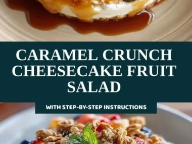 Delicious caramel crunch cheesecake fruit salad in a bowl, topped with fresh fruits.