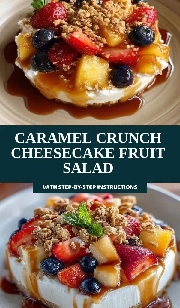 Delicious caramel crunch cheesecake fruit salad in a bowl, topped with fresh fruits.