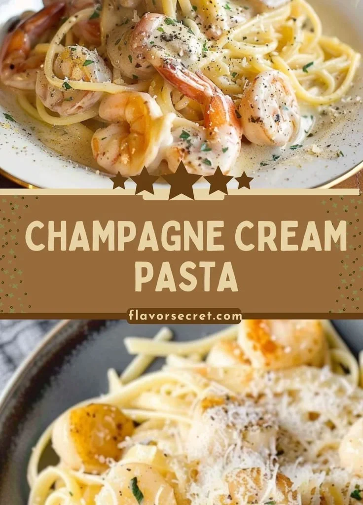 Plate of Champagne Cream Pasta topped with Parmesan cheese and herbs