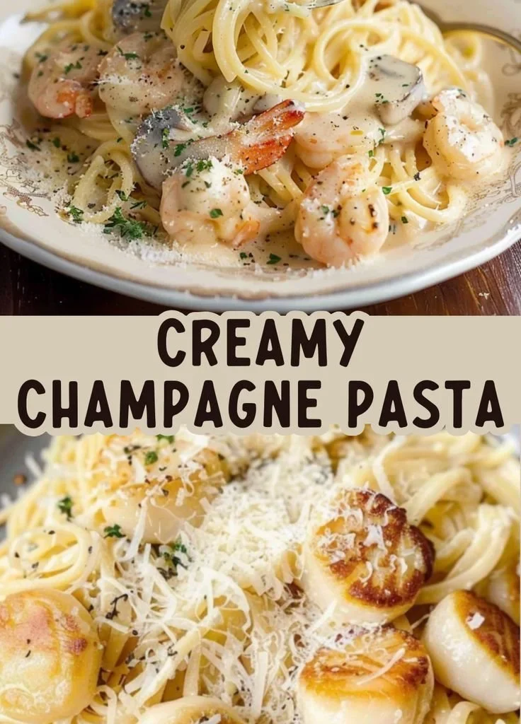 Delicious Champagne Cream Pasta garnished with Parmesan cheese