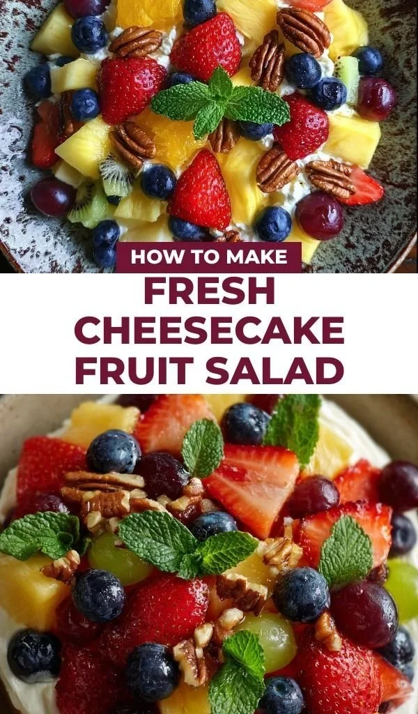 Delicious cheesecake fruit salad with assorted fresh fruits and creamy topping