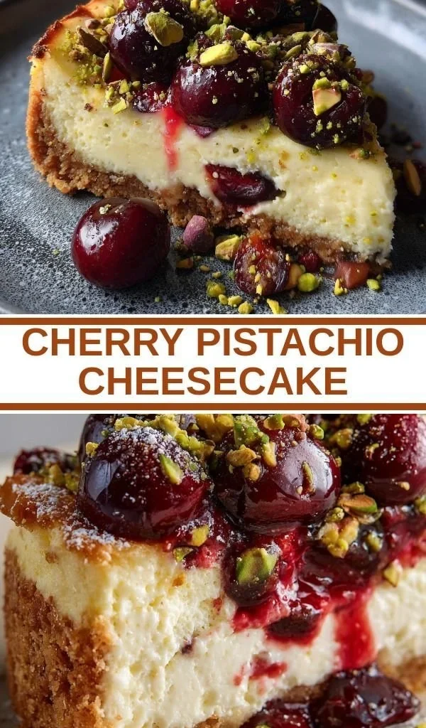 Delicious Cherry Pistachio Cheesecake garnished with cherries and pistachios