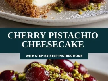 Delicious Cherry Pistachio Cheesecake topped with fresh cherries and pistachios