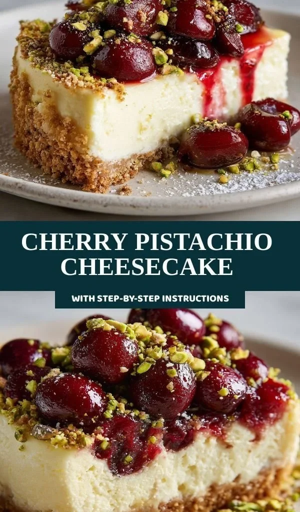 Delicious Cherry Pistachio Cheesecake topped with fresh cherries and pistachios