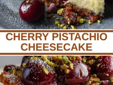 Delicious Cherry Pistachio Cheesecake topped with cherries and pistachios
