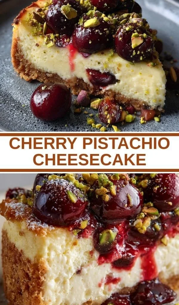 Delicious Cherry Pistachio Cheesecake topped with cherries and pistachios