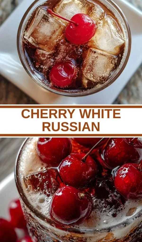 Delicious Cherry White Russian cocktail served in a glass with cherries and cream