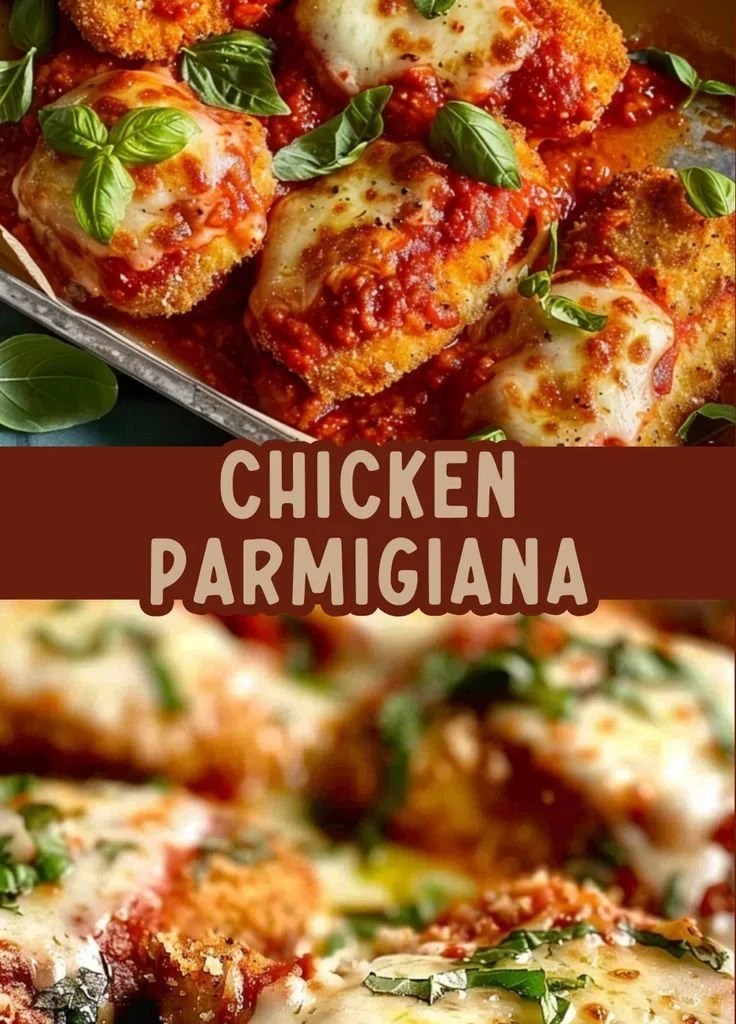Delicious Chicken Parmigiana topped with marinara sauce and melted cheese
