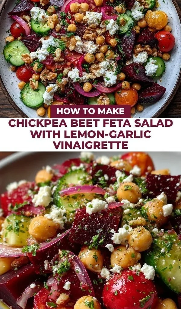 Chickpea Beet Feta Salad with Lemon-Garlic Vinaigrette served in a bowl
