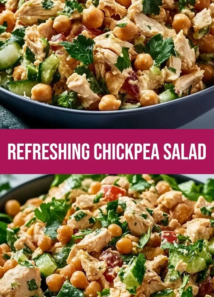 Chickpea chicken salad served in a bowl with fresh vegetables