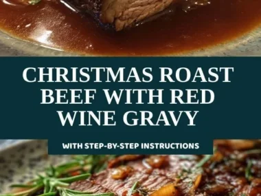 Christmas roast beef with red wine gravy served on a festive table.