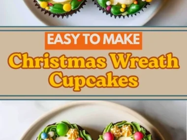Christmas Wreath Cupcakes decorated with green frosting and festive red berries
