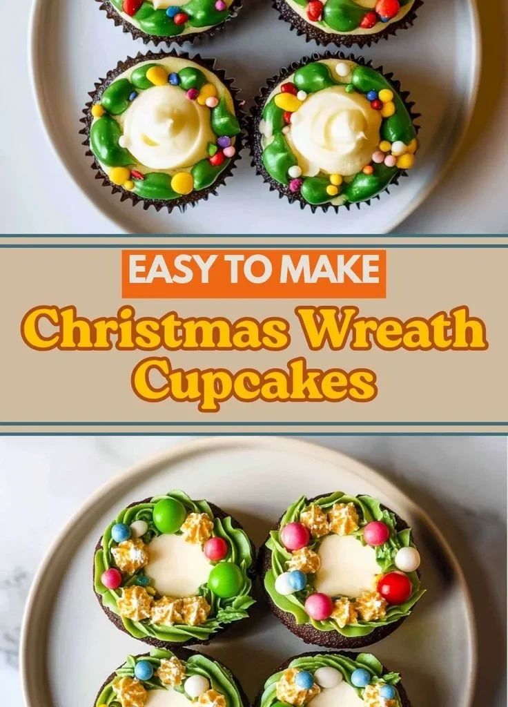 Christmas Wreath Cupcakes decorated with green frosting and festive red berries