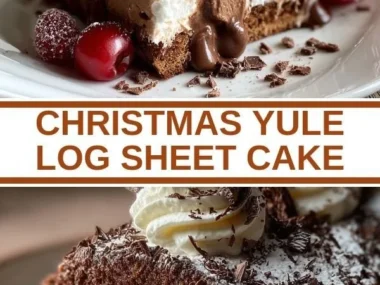 A delicious Christmas Yule Log Sheet Cake decorated with festive toppings.