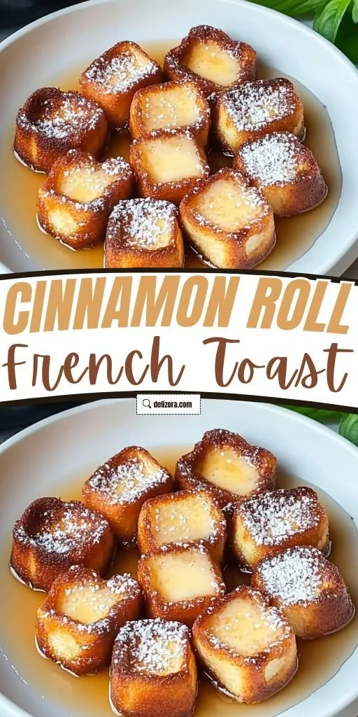 Cinnamon roll french toast bites served on a plate, drizzled with icing.