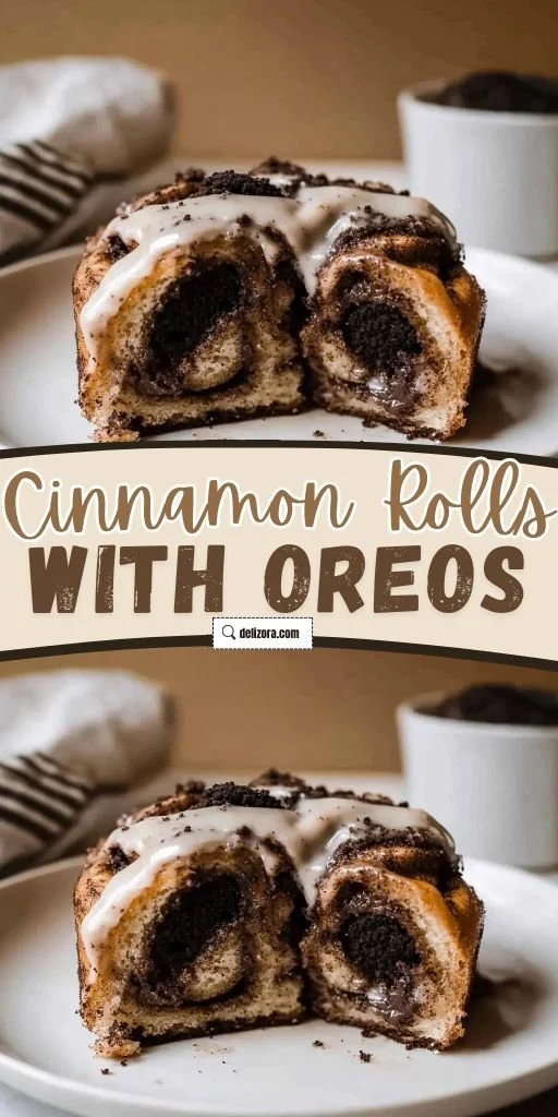 Delicious cinnamon rolls topped with crushed Oreos and drizzled with icing.
