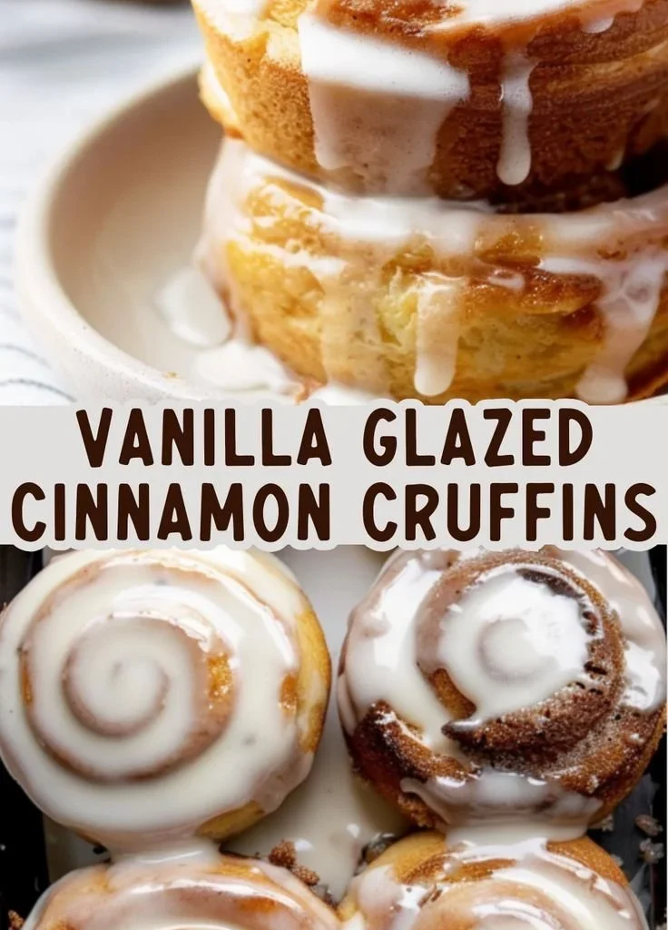 Cinnamon sugar cruffins topped with vanilla glaze on a rustic wooden table
