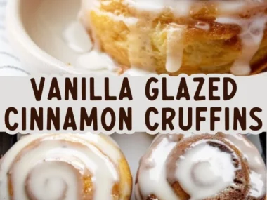 Cinnamon sugar cruffins drizzled with vanilla glaze on a white plate.