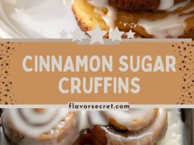Cinnamon Sugar Cruffins drizzled with vanilla glaze, showcasing their flaky texture.