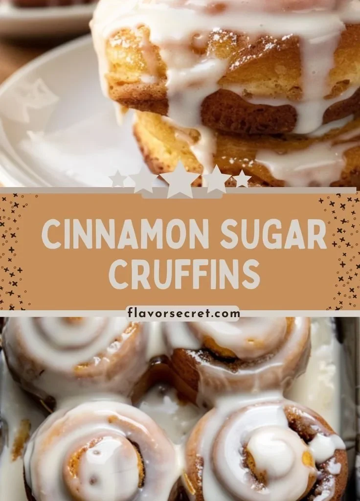 Cinnamon Sugar Cruffins drizzled with vanilla glaze, showcasing their flaky texture.