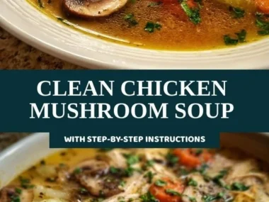 Delicious clean chicken mushroom soup in a bowl with fresh herbs on top