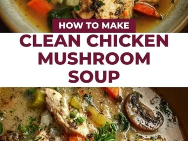 Bowl of clean chicken mushroom soup with fresh herbs on a wooden table.