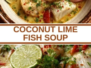 A bowl of Coconut Lime Fish Soup garnished with lime and coconut.