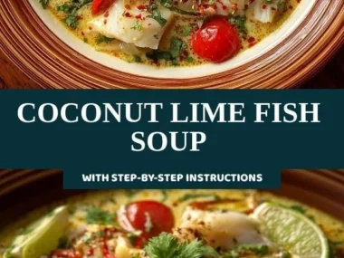 Bowl of Coconut Lime Fish Soup garnished with lime and herbs.