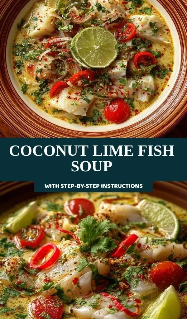 Bowl of Coconut Lime Fish Soup garnished with lime and herbs.