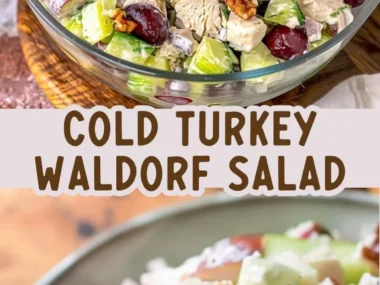 Delicious Cold Turkey Waldorf Salad with apples, walnuts, and turkey on a plate.