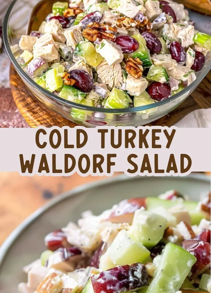 Delicious Cold Turkey Waldorf Salad with apples, walnuts, and turkey on a plate.