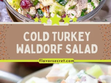 Cold Turkey Waldorf Salad with turkey, apples, walnuts, and celery in a bowl