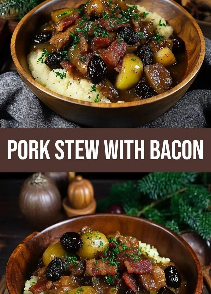 Bowl of comforting pork stew with bacon, apples, and prunes.