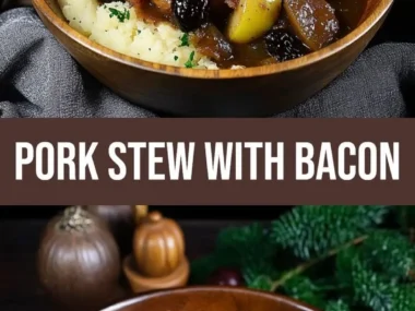 Comforting pork stew with bacon, apples, and prunes served in a bowl.