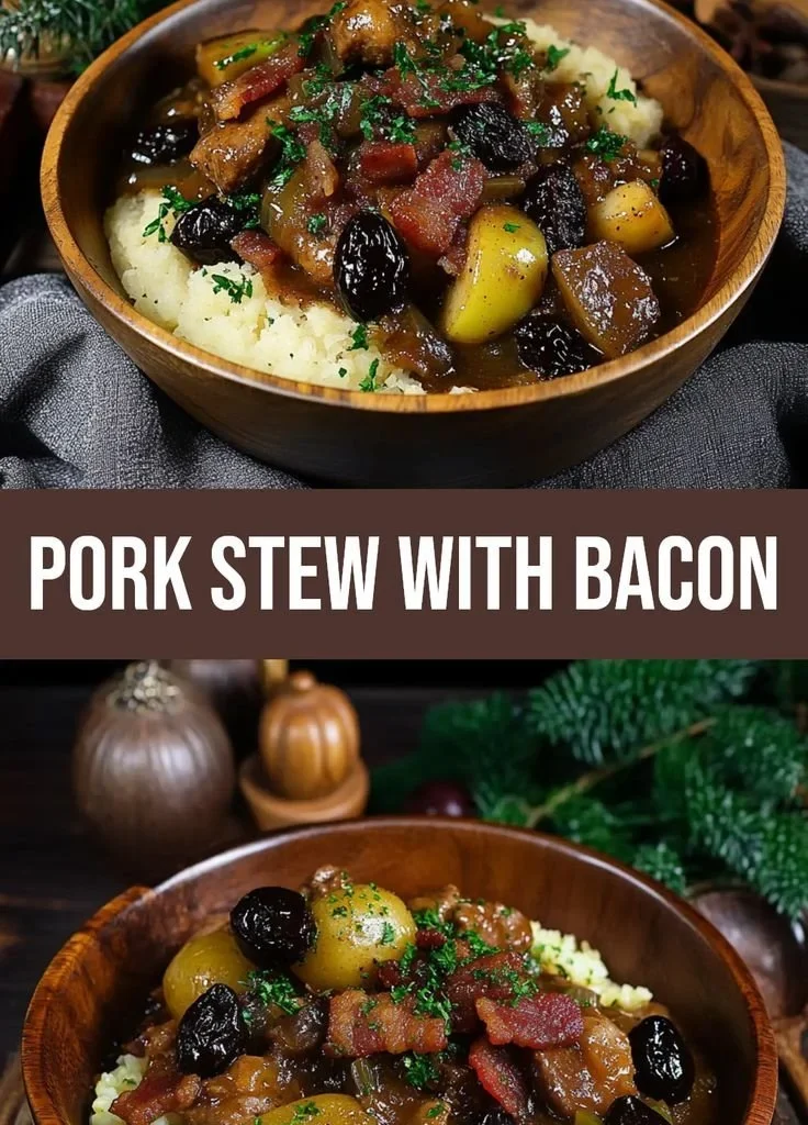 Comforting pork stew with bacon, apples, and prunes served in a bowl.