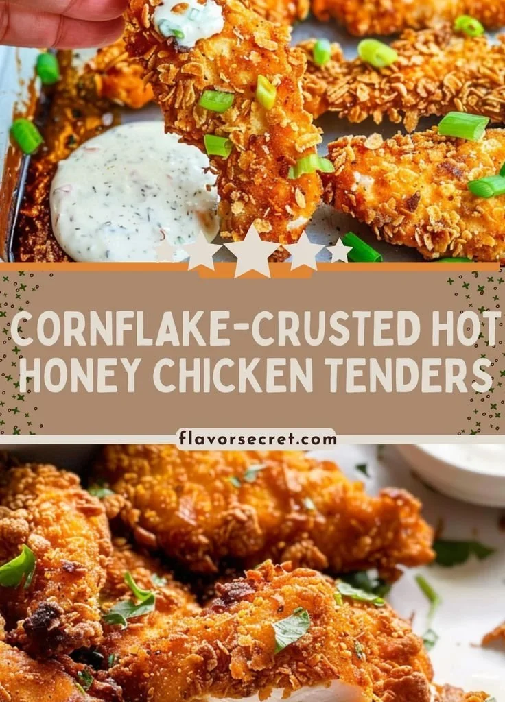 Crispy cornflake-crusted hot honey chicken tenders served with a spicy dipping sauce.