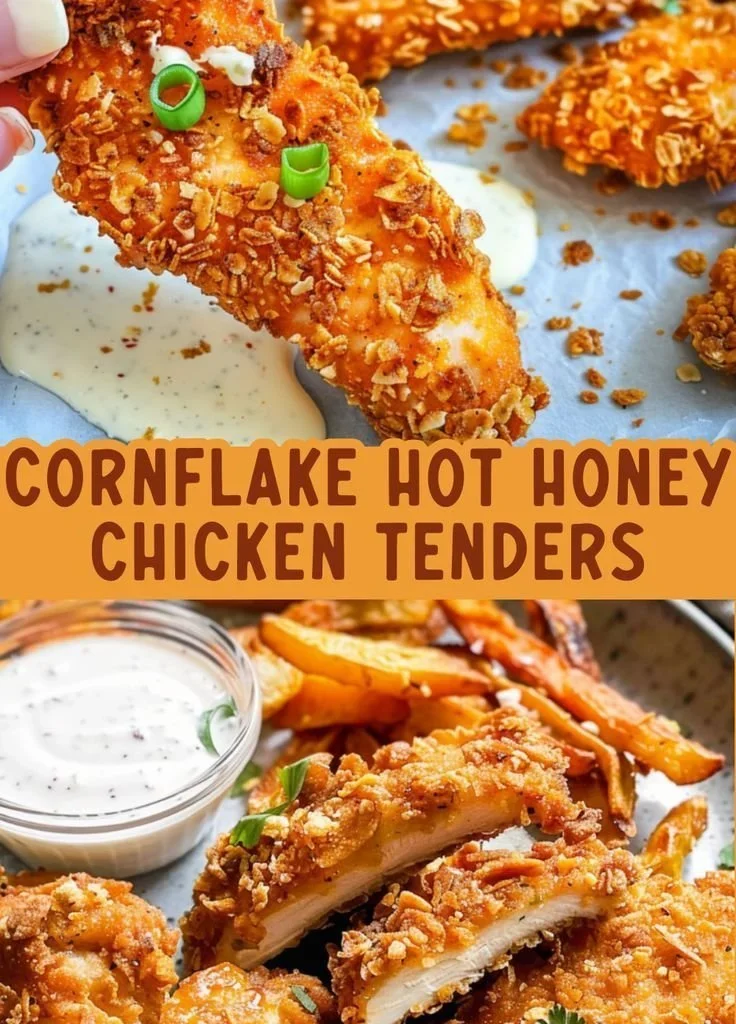 Cornflake-crusted hot honey chicken tenders on a serving plate