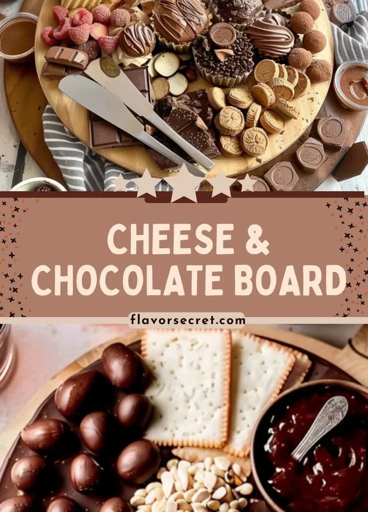 Cheese and chocolate board for a festive gathering with assorted cheeses and chocolates.