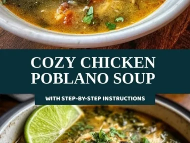 Bowl of cozy Chicken Poblano Soup garnished with cilantro and lime