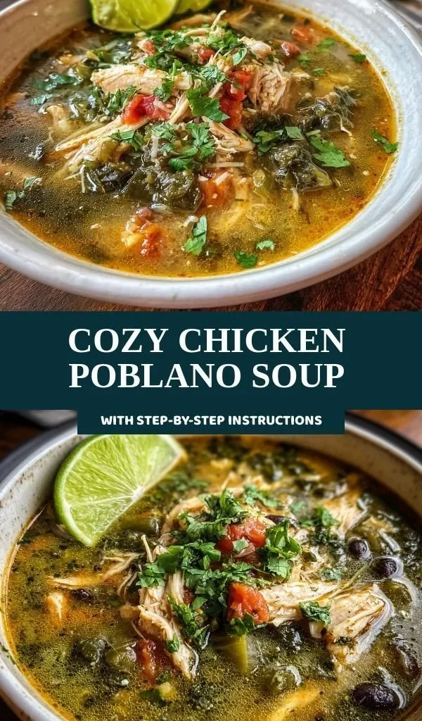 Bowl of cozy Chicken Poblano Soup garnished with cilantro and lime