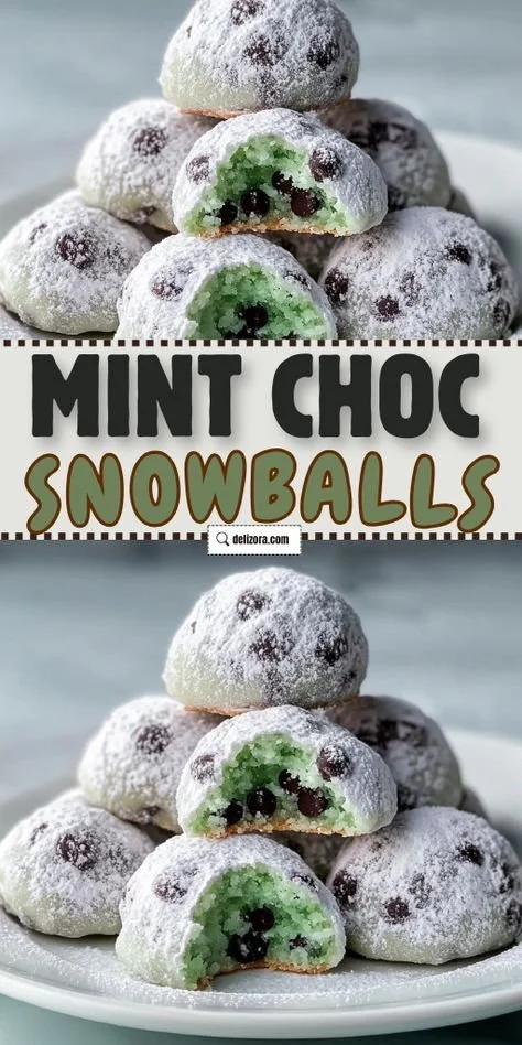 Cozy mint chocolate chip snowball cookies on a festive plate