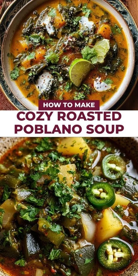 Delicious bowl of cozy roasted poblano soup garnished with fresh herbs
