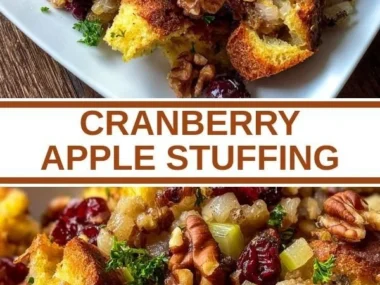 Delicious homemade Cranberry Apple Stuffing served in a rustic bowl.