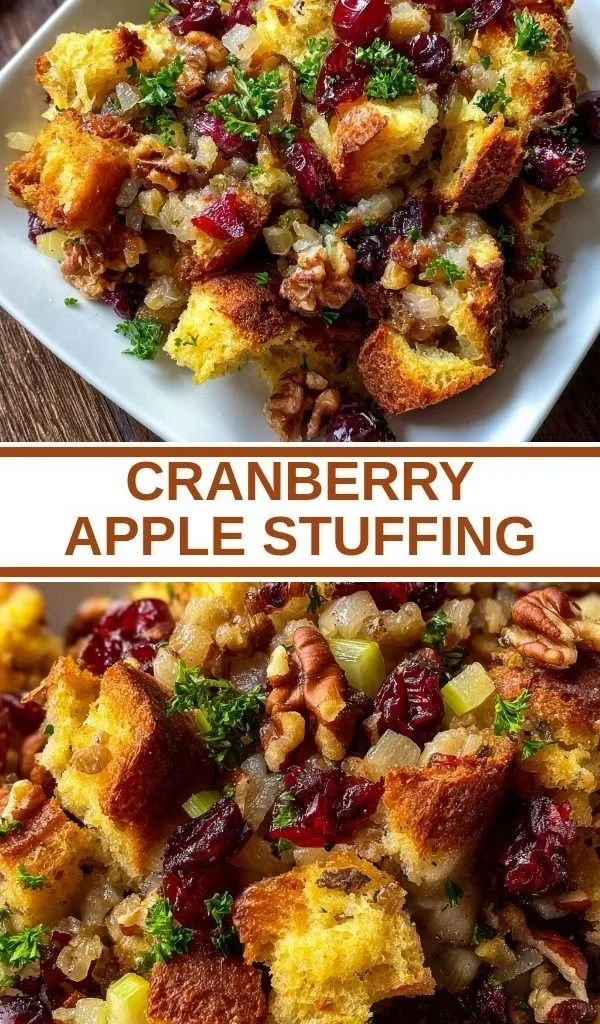 Delicious homemade Cranberry Apple Stuffing served in a rustic bowl.